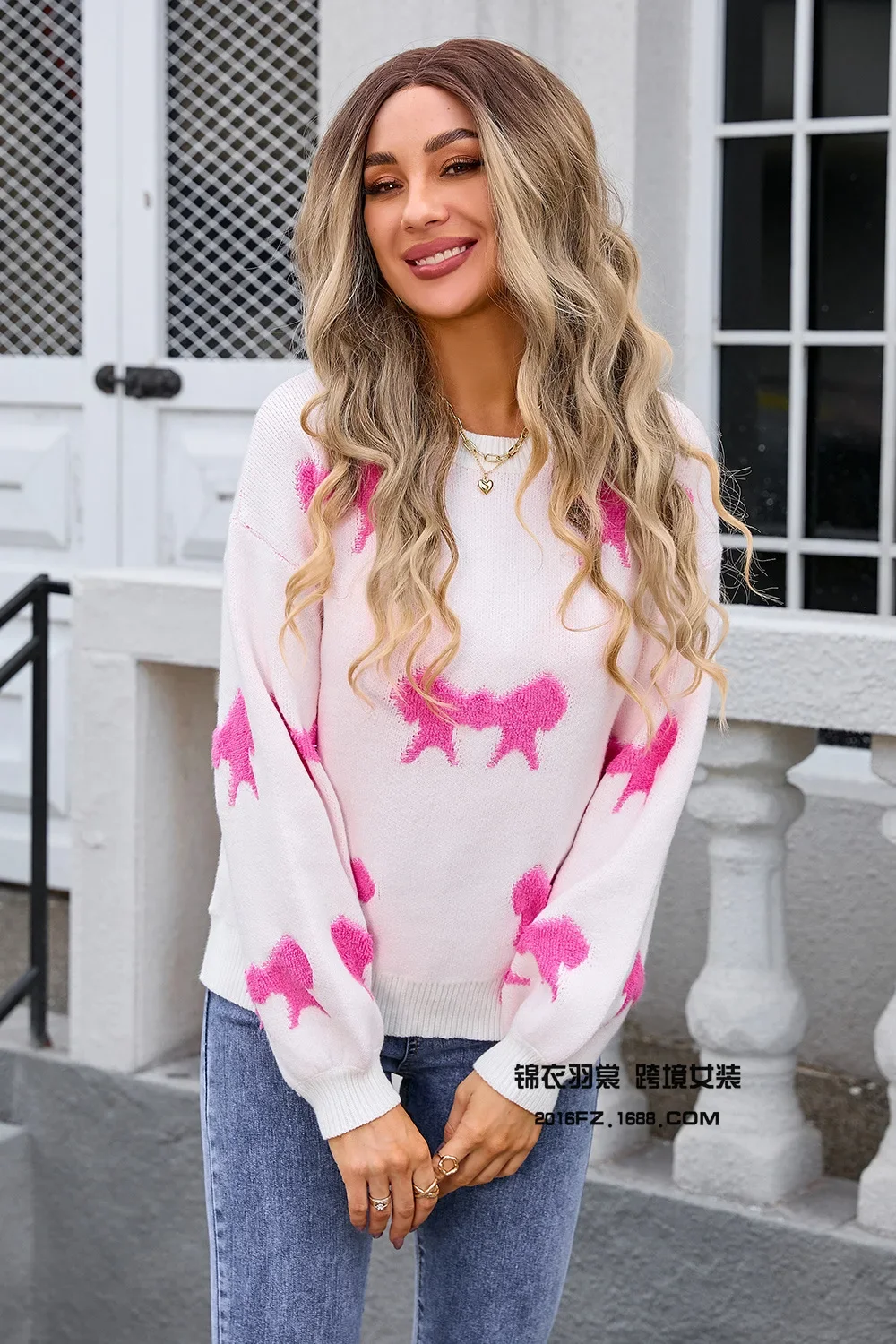 Dames Truien Strik Print Lange Mouwen Gebreide Pullovers Casual Truien Losse Herfst 2024 Vrouwelijke Trui Lichte Strech