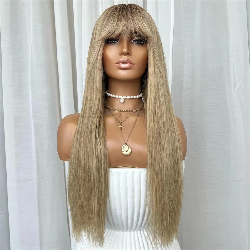 

Straight Hairs Wig with Bangs Long Realistic wigs Full Fringe Golden Blonde Ombre Synthetic Lace Front Wig Glueless Dark Honey