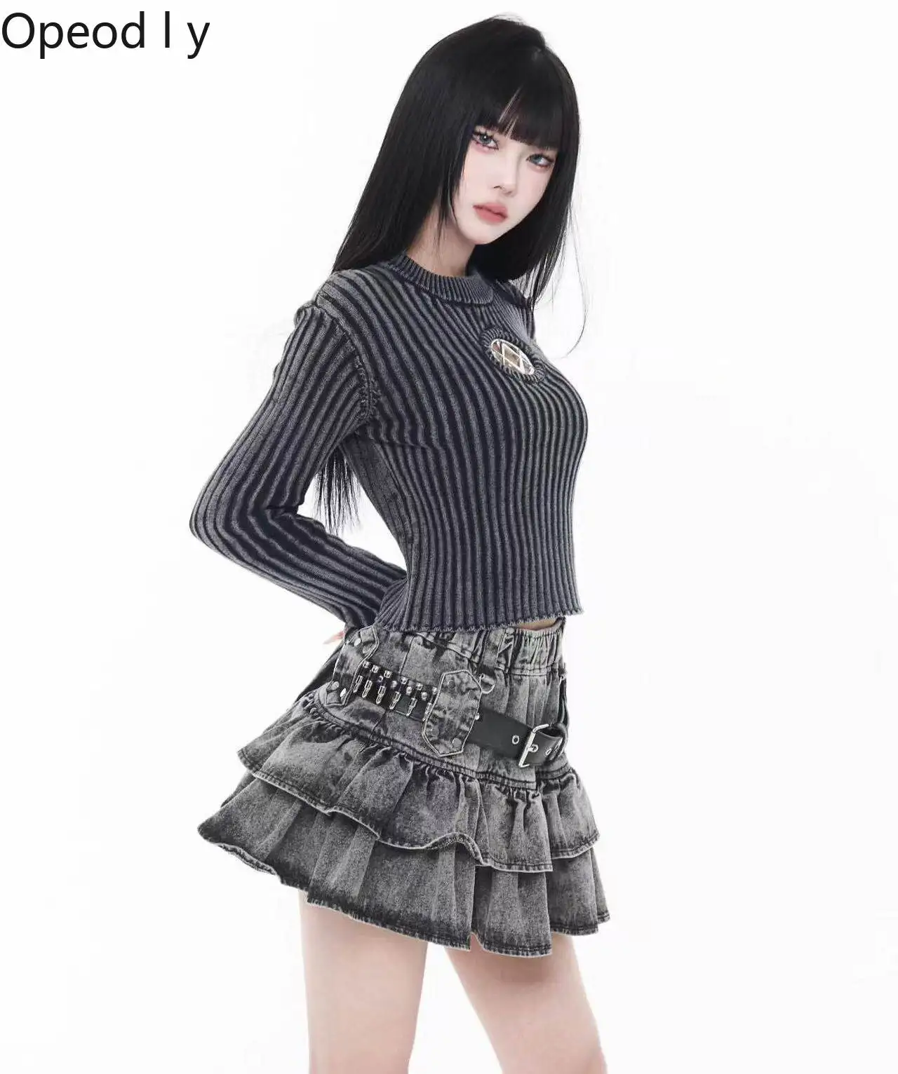 

Japanese Punk Dark Girl Cake Layer Skirt Subculture Projectile Belt Leather Skirt 2026 Spring Summer New Hottie Y2k Denim Skirts