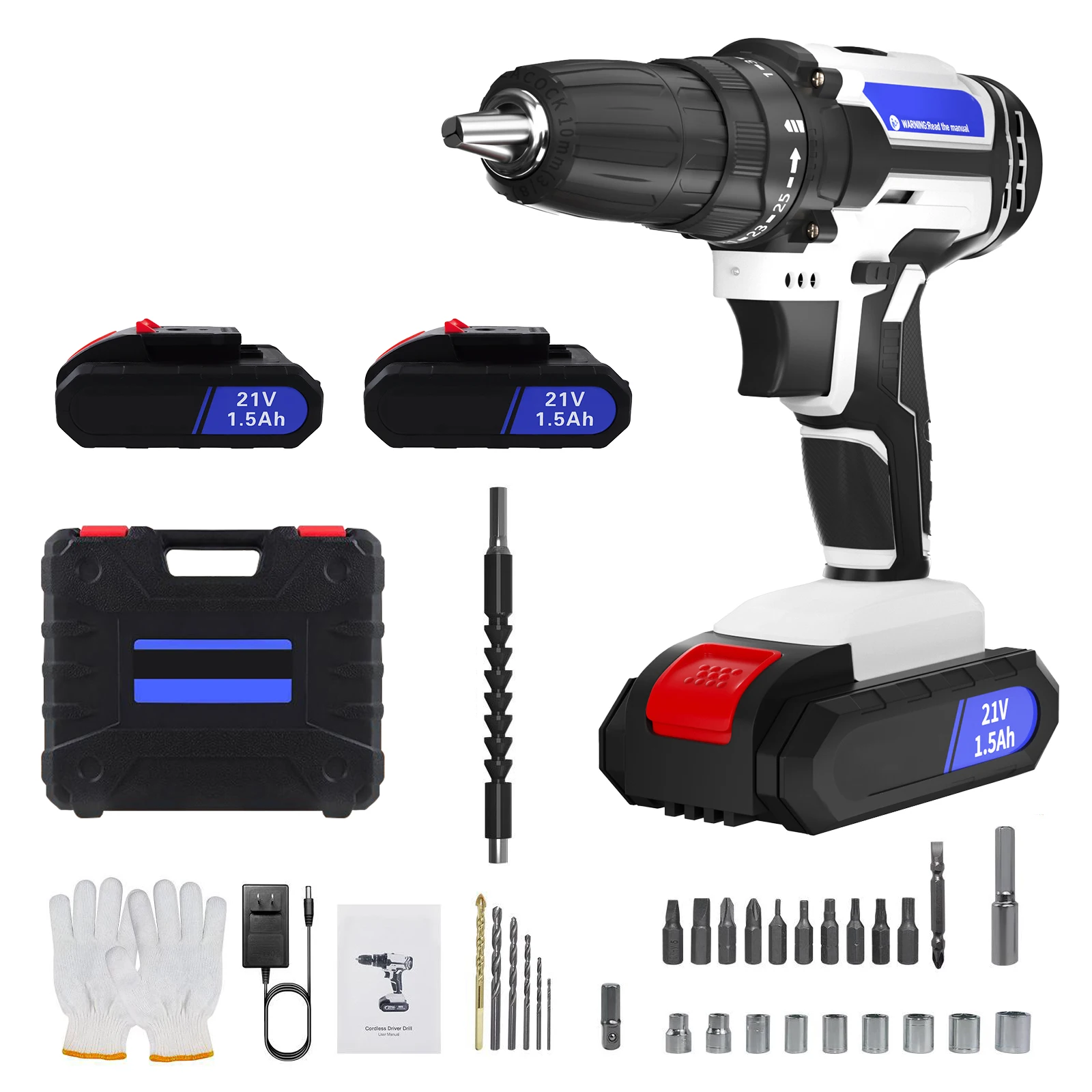 21V Cordless Drill Driver,Electric Cordless Screwdriver 45Nm with 1500mAh Battery, 2 Speeds, 29CS Accessories