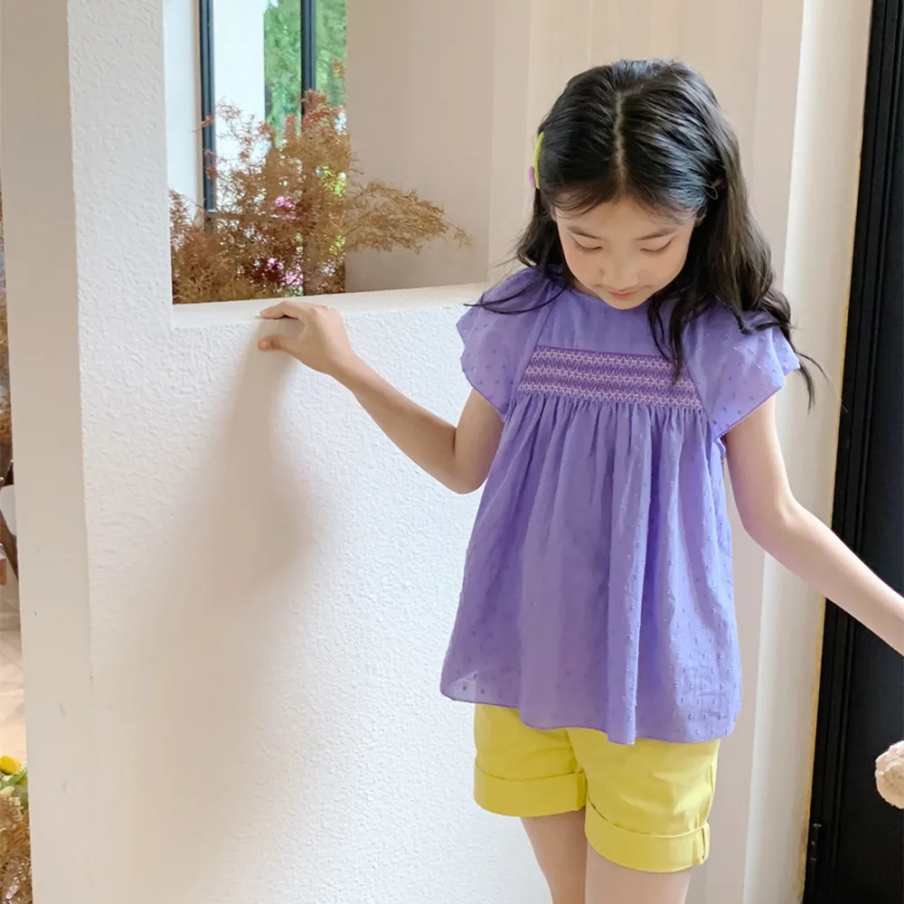 girls clothes kids clothes girls Lavender Purple Jacquard Top Hand embroidered high-quality top summer t-shirts