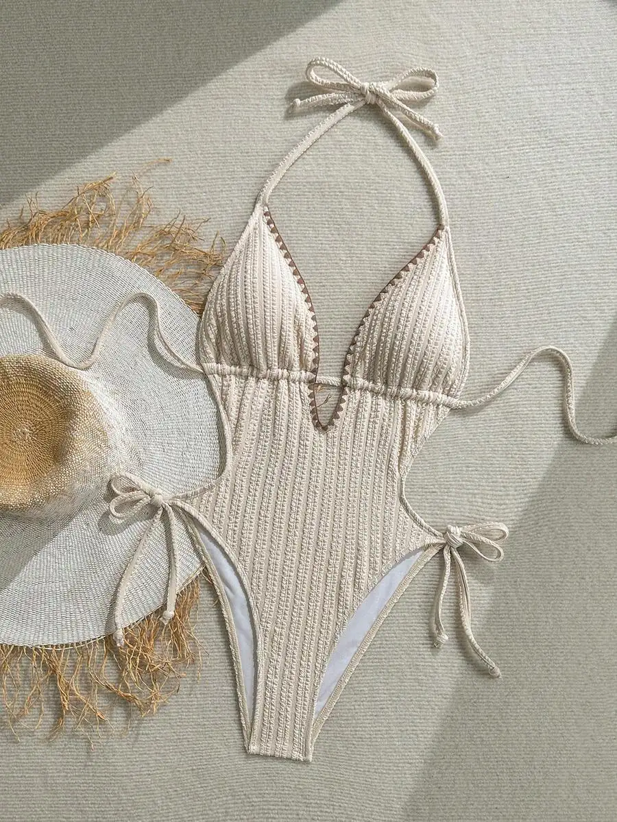

Womens One-Piece Swimsuit With Tie-Up Straps And Ribbed Texture For Beach Vacation