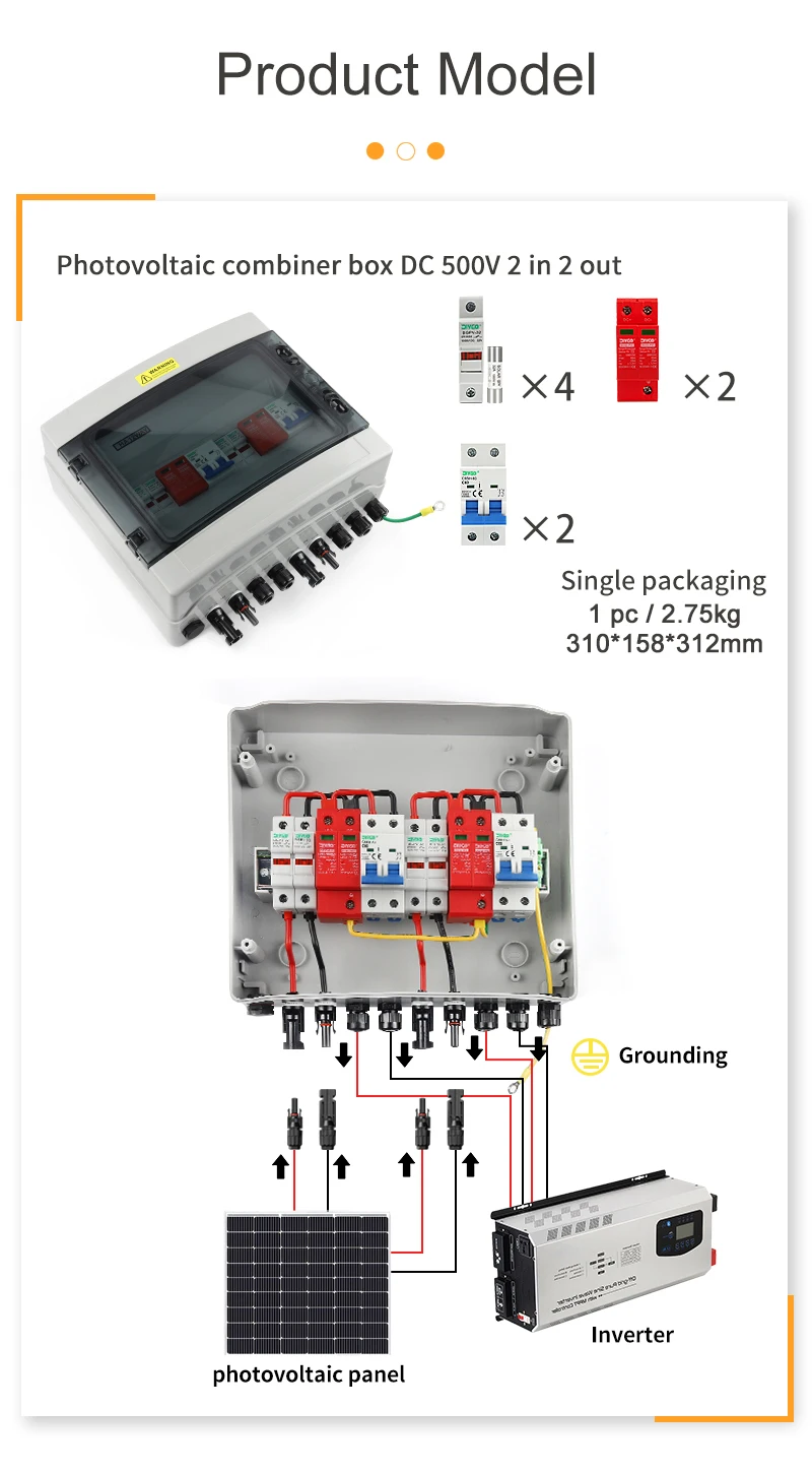 DC 500V 2 Eingänge 2 Ausgänge Solar-Photovoltaik-PV-Kombiniererbox mit Überspannungs- und Blitzschutz, DC-Sicherung, MCB, SPD, wasserdichte Box IP65 – Detail 6