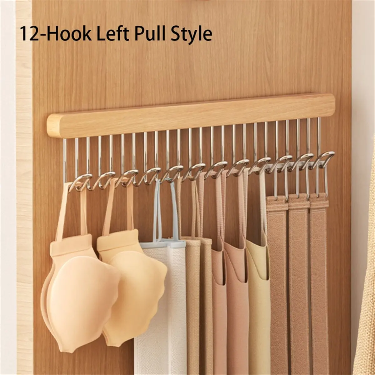 A56K Clothes Storage Hanger Multifunctional Wooden Belt Hanger Tie Holder Beanie Bra Closet Supplies 12 Hook Left