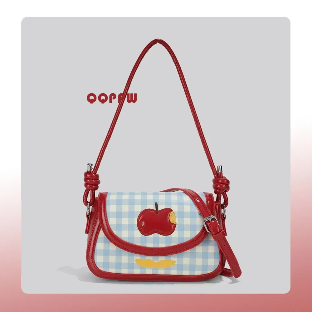 Fashion Contrast Color Plaid Crossbody Bags for Women New Trendy Apple Embroidery Flap Single Shoulder Bag