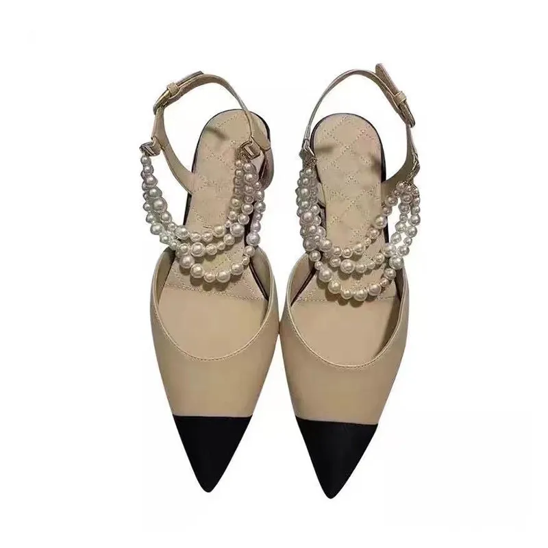 Pearl Chain Bag Head Sandals Women's Summer New Pointed French Celebrity Versatile Flats view 5