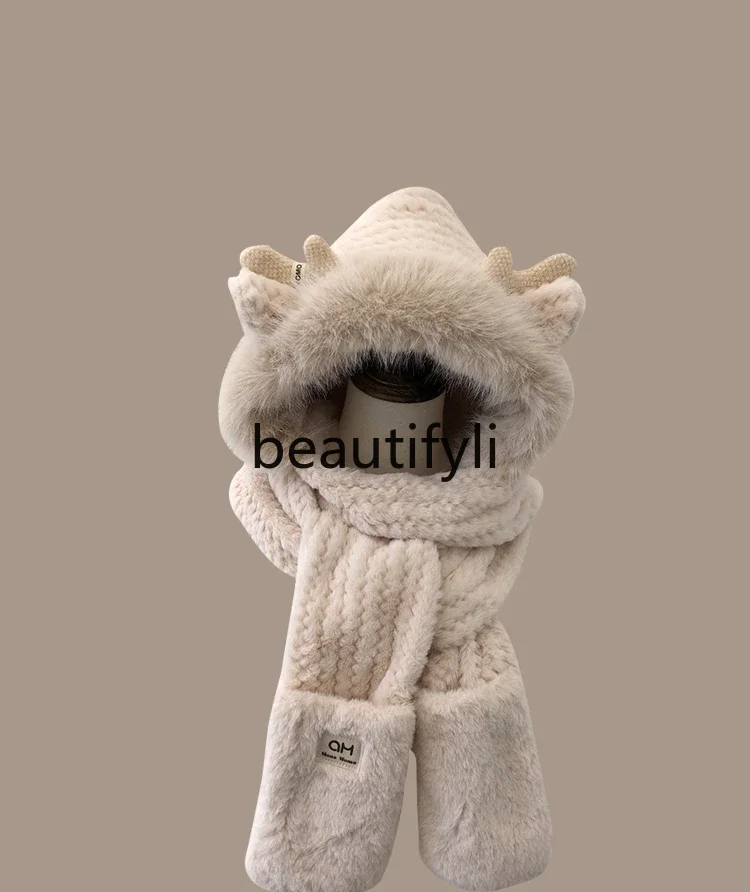 

Winter fluffy warm ear protection three-piece set double layer thickened scarf gloves integrated hat