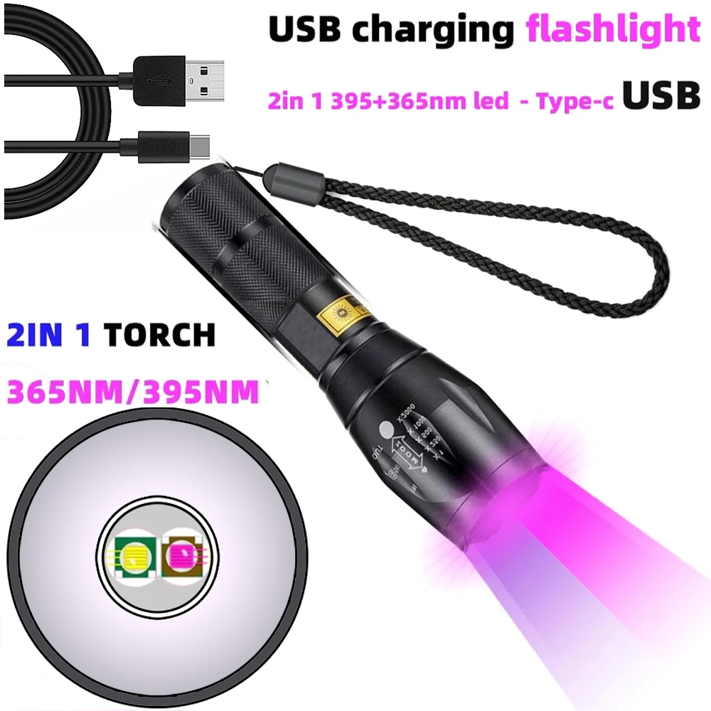 365nm & 395nm Ultraviolet Flashlight Blacklight,2 in 1 LED UV Flashlight for Resin Curing,Rocks & Minerals Hunting,Leak Detector