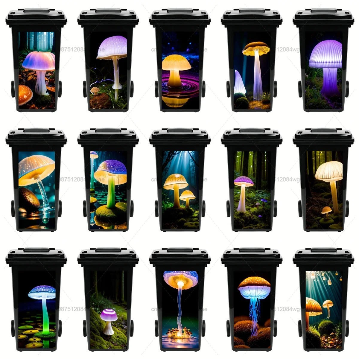 Multi-Color Fluorescent Mushroom Trash Can Sticker Fantasy Design Self-Adhesive Decal for Thome Stickers Wheelie Bin Stickers