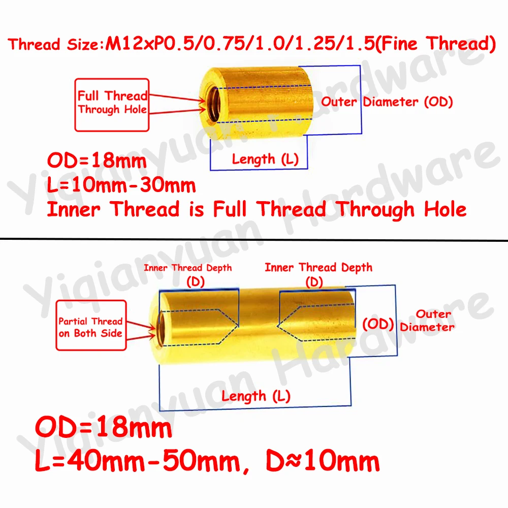 

Yiqianyuan M12 Round Brass Standoff Spacer Extended Long Lengthen Copper Studs L=5mm to 100mm OD=18mm Coarse Thread/Fine Thread