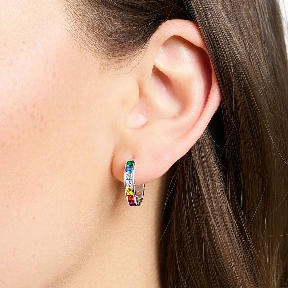 Rainbow Colours Stone Hoop Earrings Creole Europe Glam Fine Jewerly For Women Bohemia Gift In Real 925 Sterling Silver