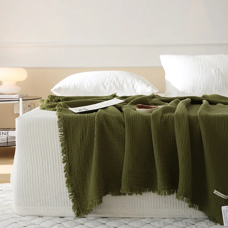 Simple Four Layer Gauze Tassel Blanket, Thin Summer Office Cover Blanket, Single and Double Full Cotton Blanket