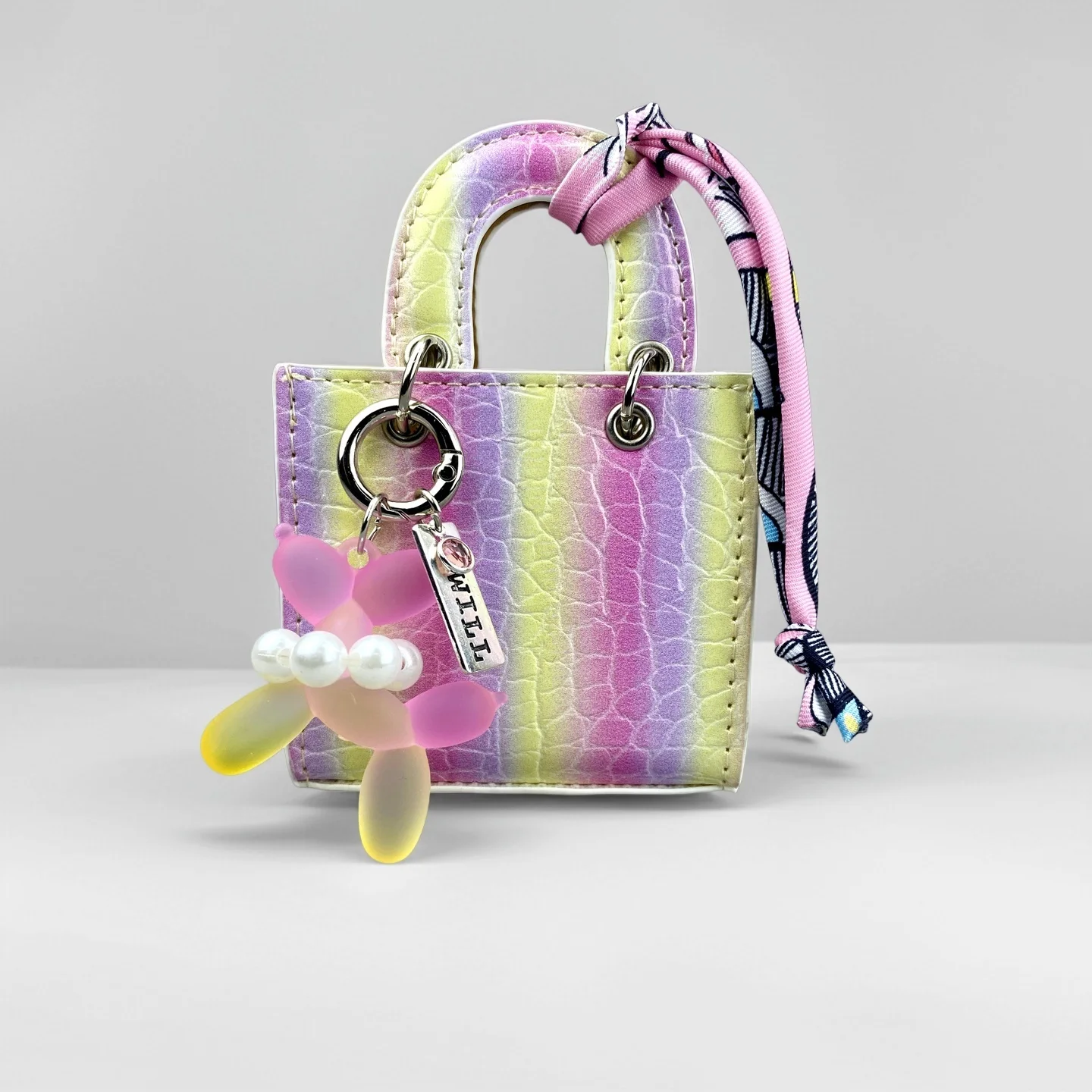 Mini PU-Leder Taschenanhänger, Regenbogenfarbene Mini-Tasche mit Farbverlauf-Ballonhund-Schlüsselanhänger-Set für Ohrhörer/Ladekabel/Geschenk – Detail 7