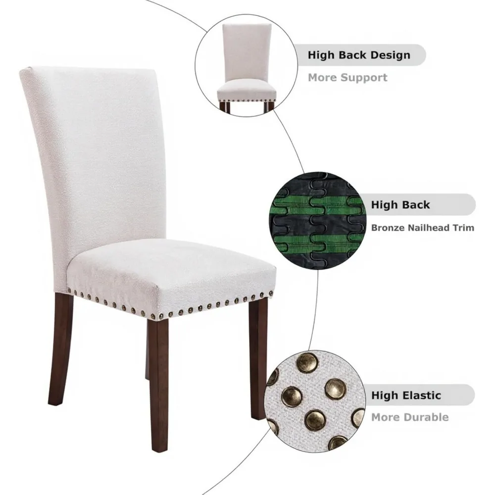 طقم كراسي طعام منجدة باللون البيج مكون من 6 قطع - طراز مزرعة عالي الظهر مع أرجل من الخشب المطاطي الصلب، وسادة إسفنجية مبطنة #4