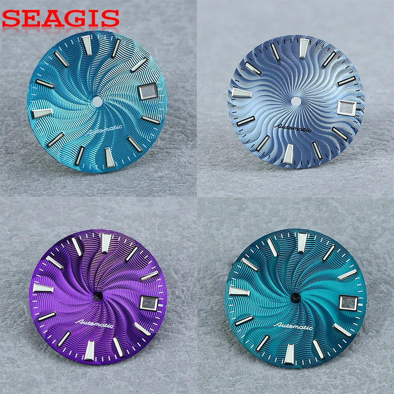 ساعة SEAGIS متعددة الألوان بمينا Guilloche 28.5 ملم NH35/36 حركة أزرق لوم بدون شعار ساعة فاخرة