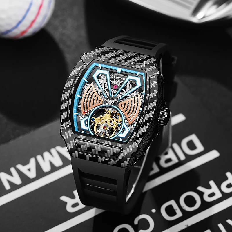 

Dulunwe New Hollow barrel shape Men's Mechanical Watch Automatic Movement Flywheel Wristwatches 3Bar Waterproof Rubber strap