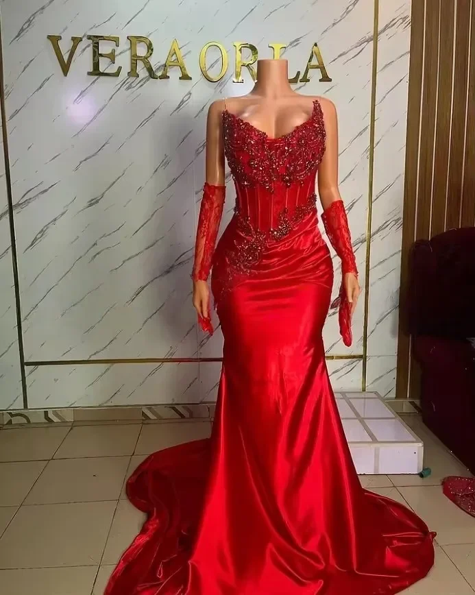 

Customized Red Sheath Prom Gowns African Girls Taffeta Hollowed Out Diamond Beaded Lace Glove Tight Fishtail Long Evening Gowns