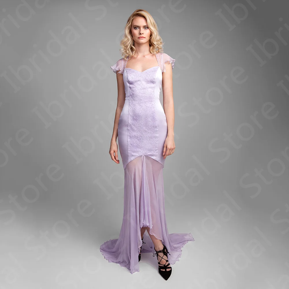 Classic On Sale Evening Dresses 2023 Lilac Lace Wedding Party Gowns Short Sleeves High Low Prom  Latest Sweep Train