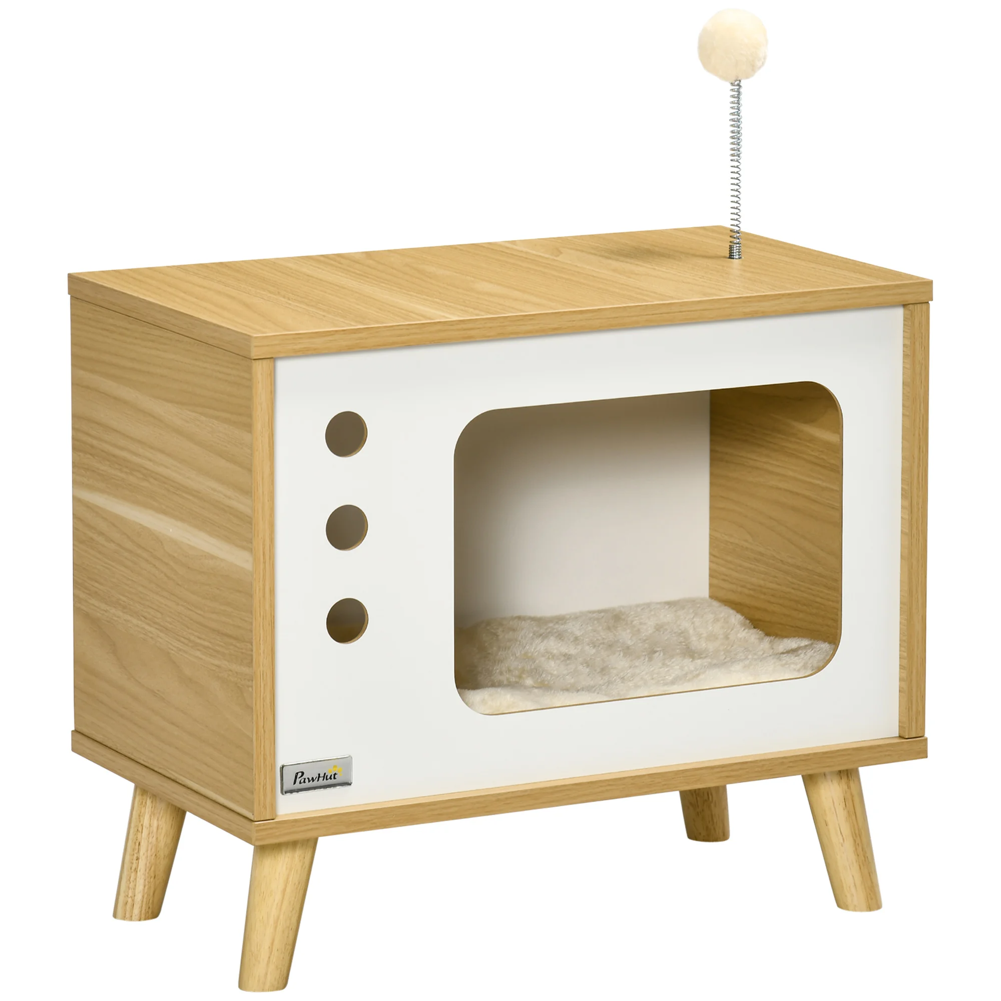 Maison pour chat en forme de téléviseur, livrée avec ballon de jeu et coussin, lit pour chat, chêne / beige / blanc, 50×28×43 cm