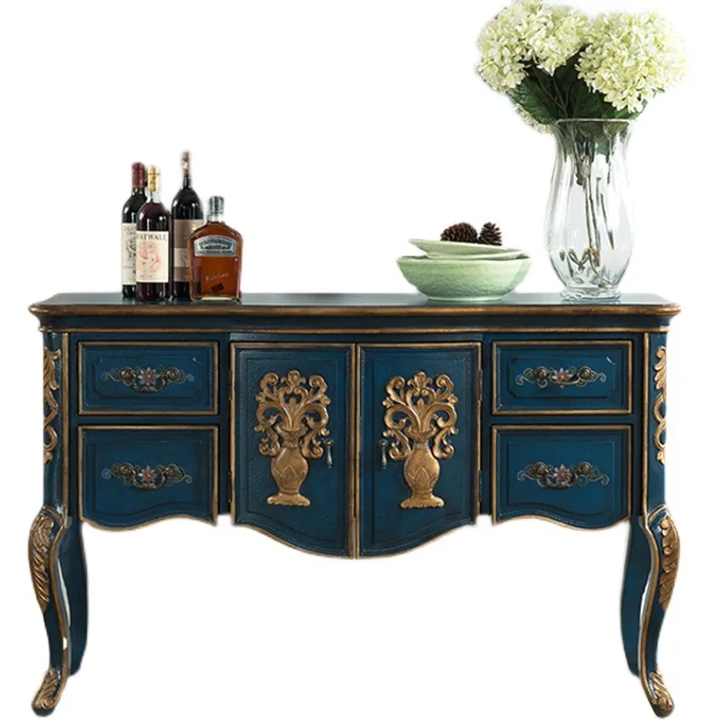 LTT American side cabinet blue decorative cabinet retro French solid wood painted storage cabinet