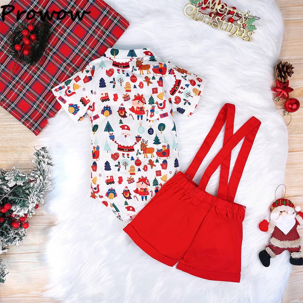 Prowow My First Baby Boys Christmas Outfits Animals Print Bodysuit and Red Suspender Shorts New Year Baby Costume Boys Sets