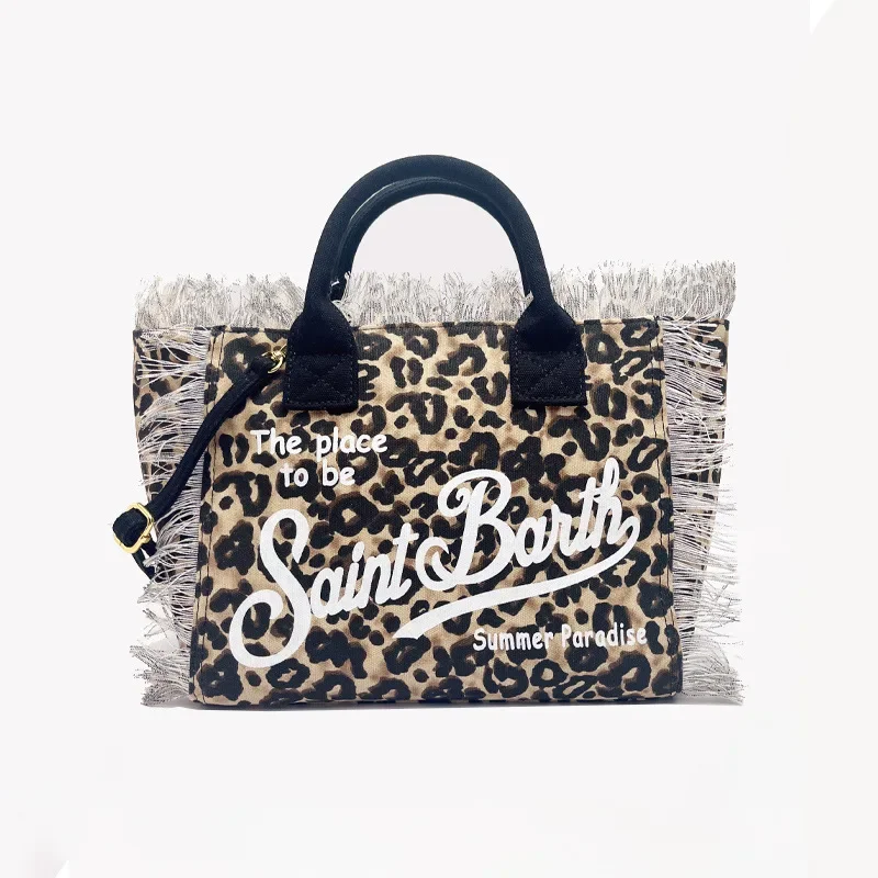 SAINT BARTH New i women\'s large capacity leisure travel leopard print small canvas handmade tassel handbag tote bag mommy bag