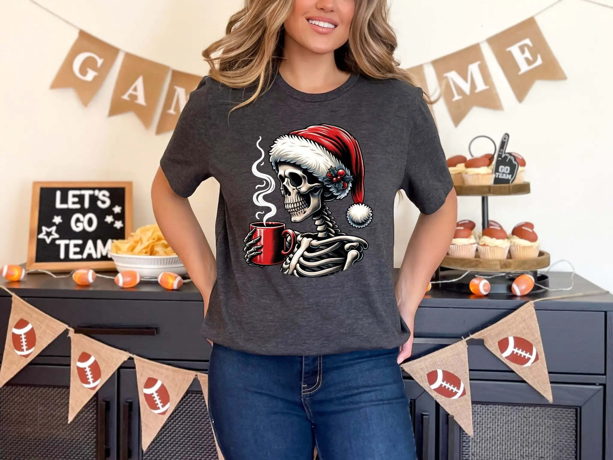 Skeleton with Santa Hat Mug T Shirt DTG Print Christmas for Men and Women Holiday Fashion Unique Design Idea