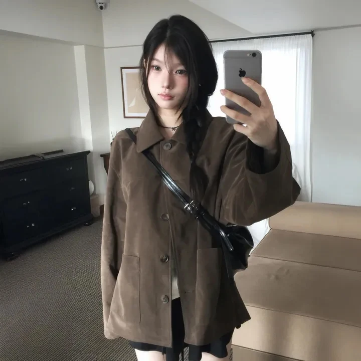 

Шикарное корейское женское пальто Jaet Long Sve с отложным воротником, простой винтажный осенне-зимний модный топ