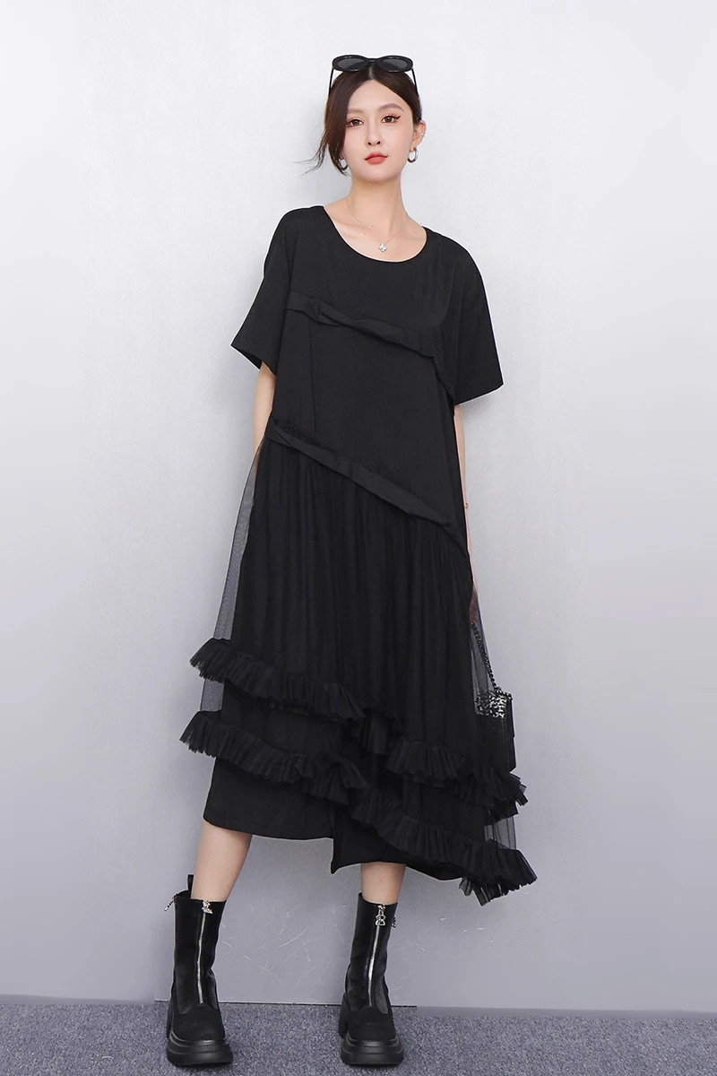 2025春夏新作 レディース イレギュラーメッシュTシャツ ルーズロングワンピース 半袖ワンピース 卸売 J1179