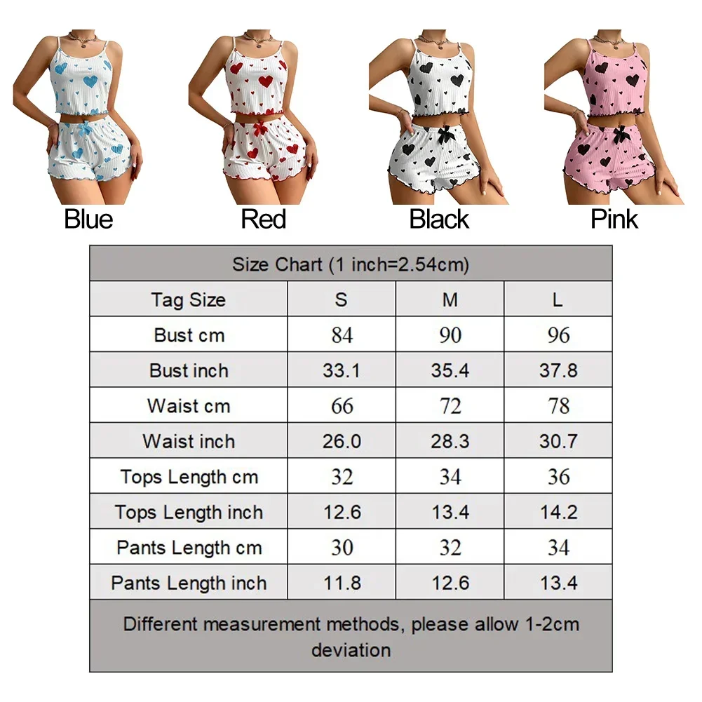 Women Home Wear Heart Print Suspenders Shorts Casual Pajamas Suits