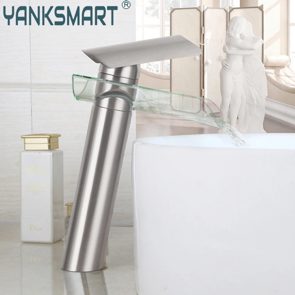

YANKSMART Смеситель для ванной комнаты, раковина, водопад, стеклянный излив, горячая и холодная твердая латунь, смеситель для воды Torneira, монтируемый на палубе