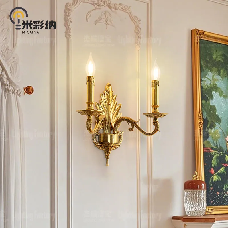 

Double-headed French classical copper wall lamp European villa retro luxury living room study bedroom bedside lamp