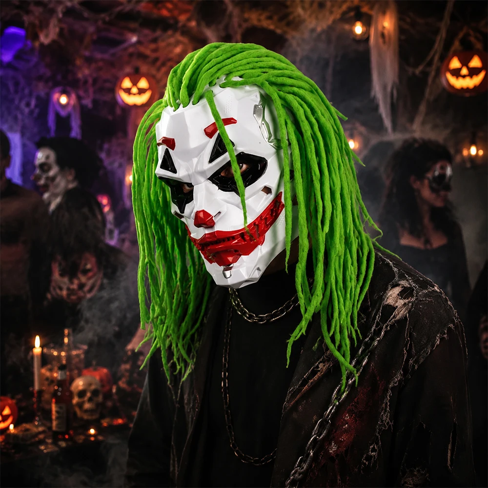 Maschera decorativa realistica per adulti, maschera da clown con parrucca verde acceso a trecce, maschere spaventose per Halloween, maschera da clown horror, accessorio unisex e per costumi, facile da