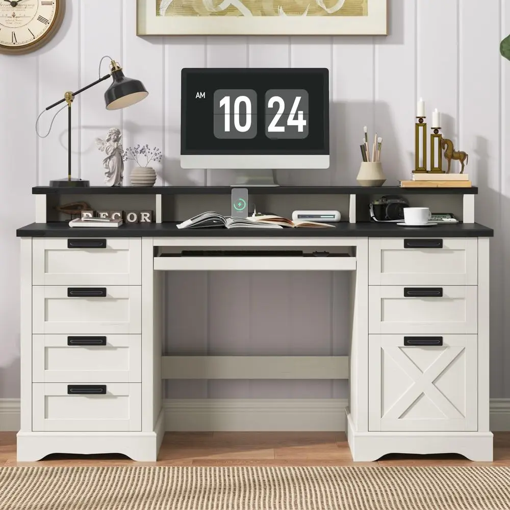 

Executive Desk 60 Computer Desk with 8 Drawers and Power Outlets, Wood Home Office Desk with Keyboard Tray amp Monitor Stand, W