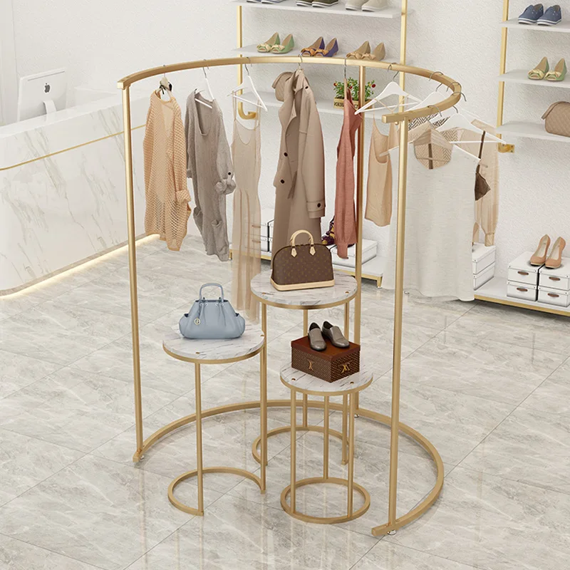 Clothing store display rack light luxury wrought iron women's clothing rack floor-to-ceiling curved hanger golden Internet celeb