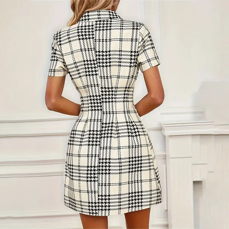 Y.KUKU Women Dress Autumn Fashion Buttoned Contrast Color Plaid Pleated High Waist Short Sleeves Lapel Shirt Dress Mini Dresses