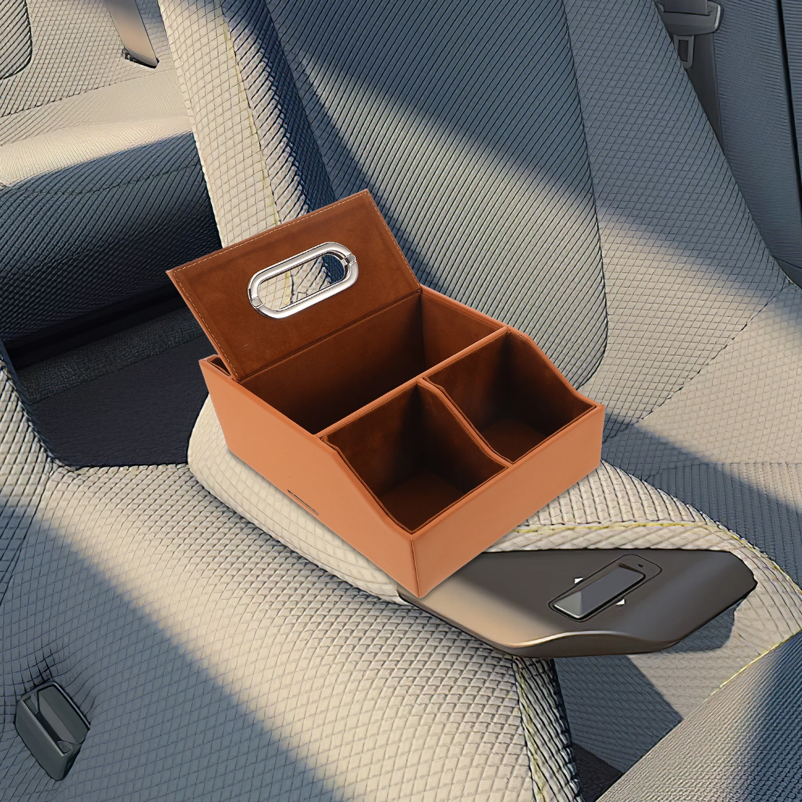 

Multi-Functional Car Tissue Box Holder Orange Faux Storage Organizer Cup Holder Armrest Console Front Seat Space Saving