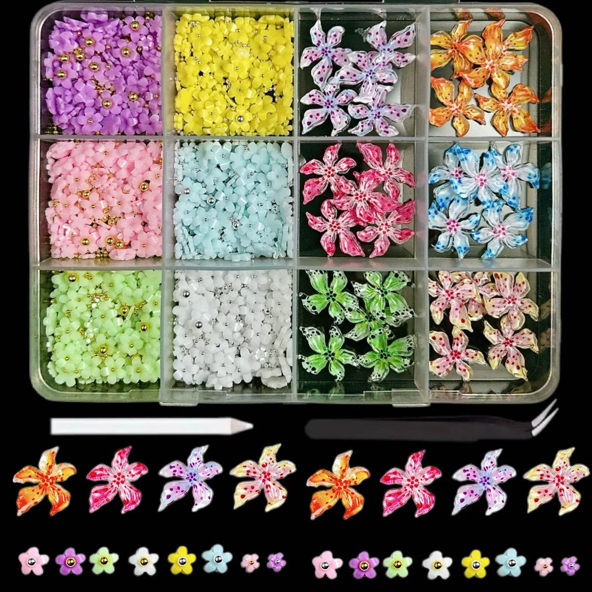 1 caixa 3d criativo colorido manchado flores resina decorações da arte do prego minimalista mini concha estrela de quatro pontas encantos do prego para diy