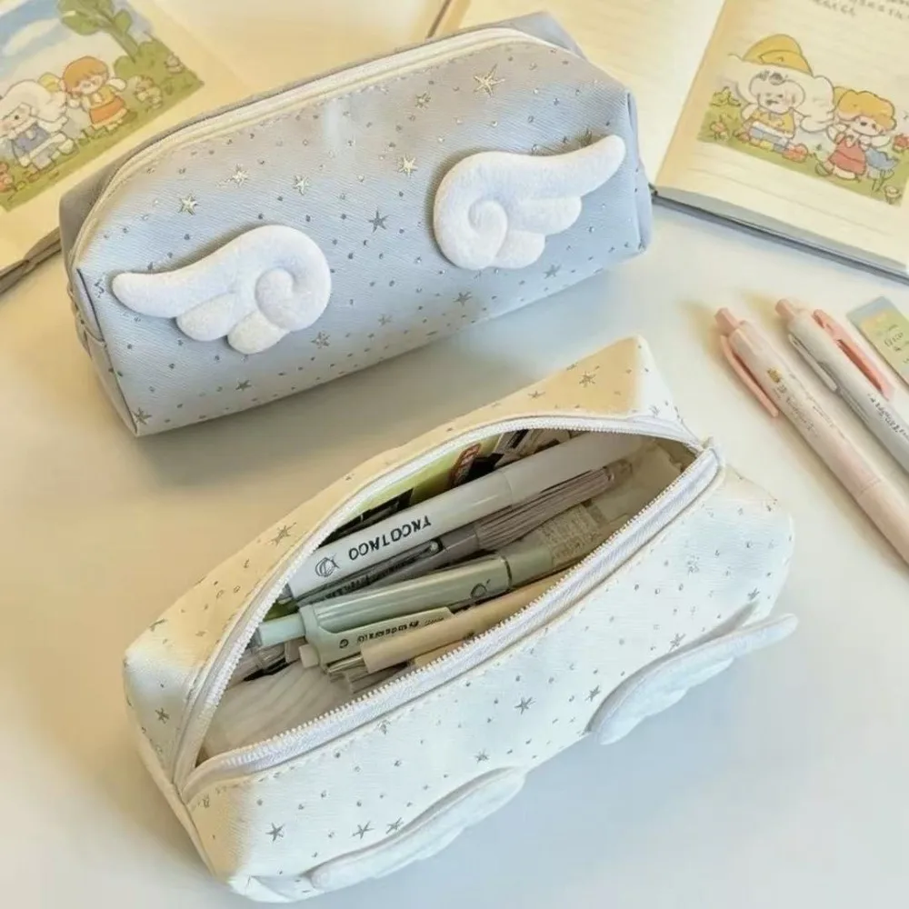 Multifunctional Star Print Pencil Case With Wings Decor Large Capacity Pen Bag Stationery Bag Gift