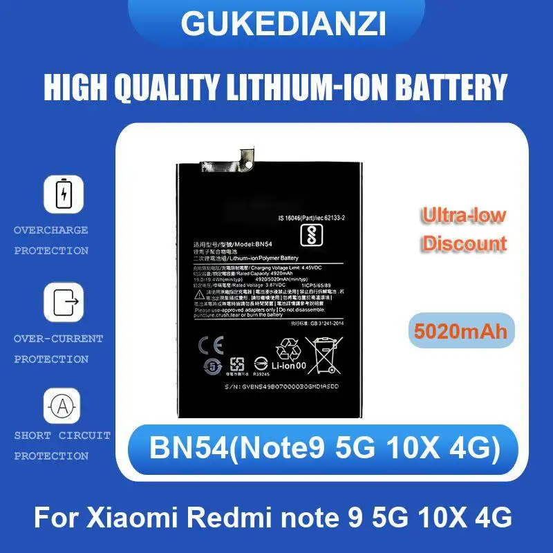 BN54(Note9 5G 10X 4G) Mobile Phone Battery For Xiaomi Redmi note 9 5G note9 5G Redmi 10X 4G Redmi10X 4G 5020mAh High Quality