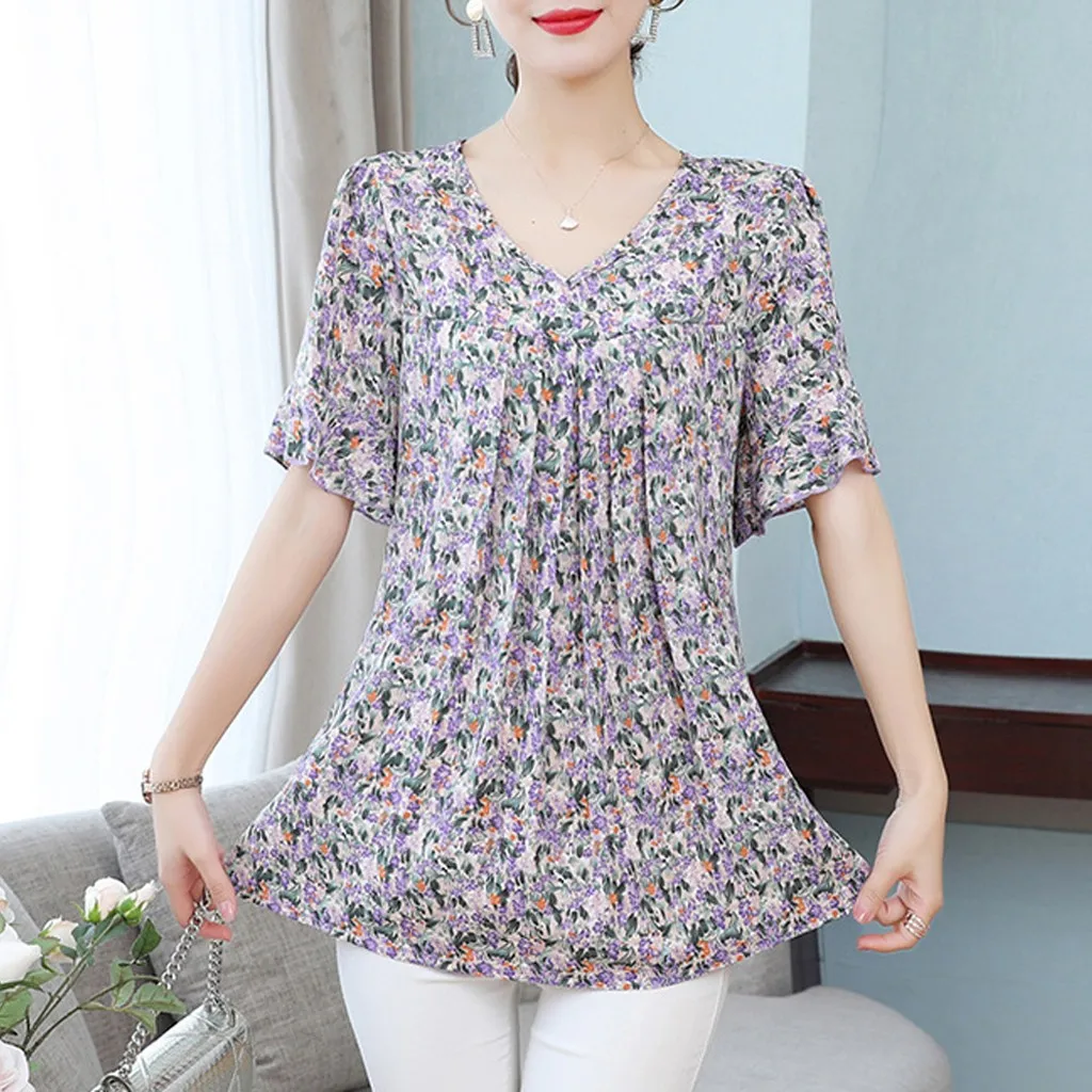 Chiffon Short Sleeve Plus Size Shirt Casual Fashion Floral Printed Blouse V Neck Loose Fit Pleated Blouses Tops for Women