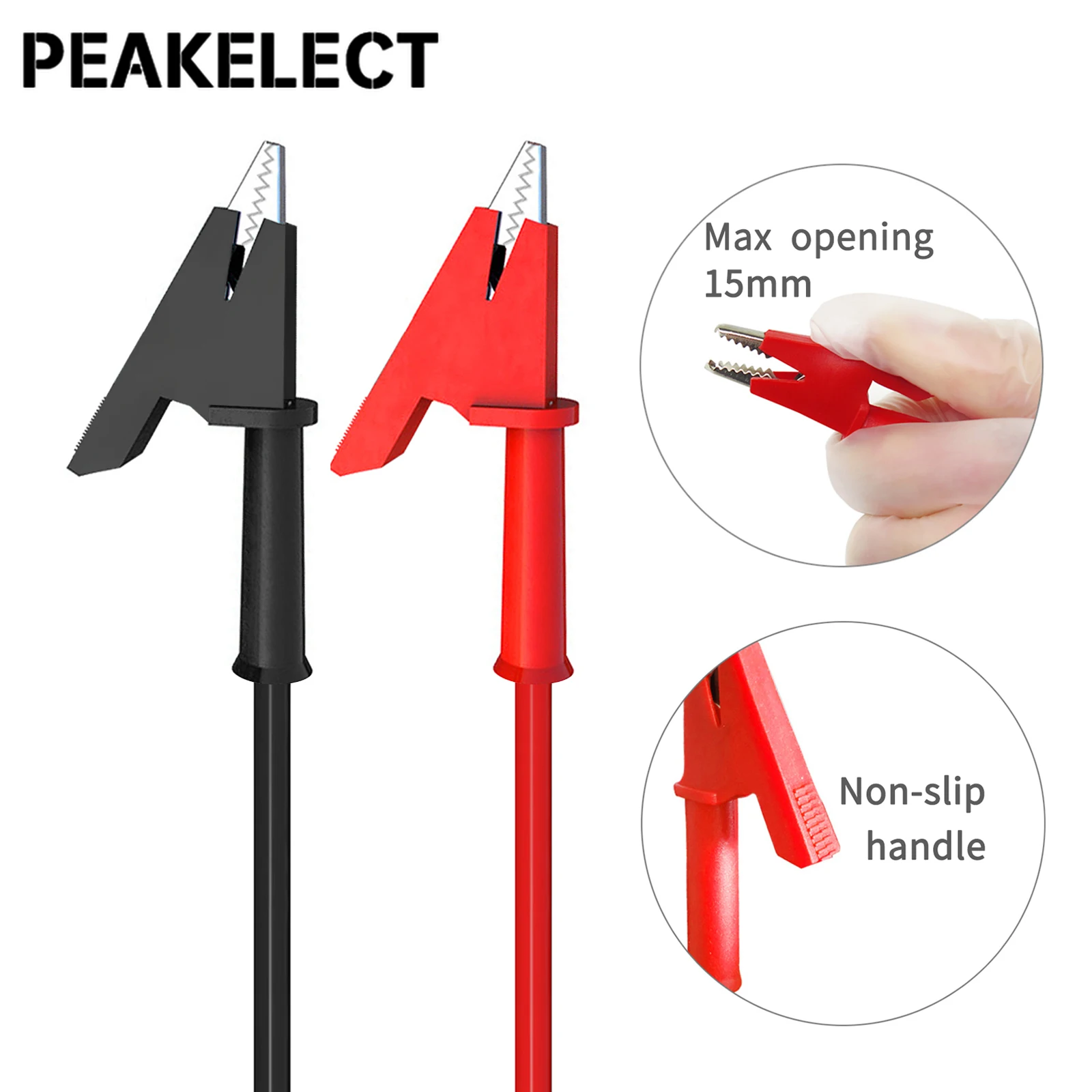 PEAKELECT P1024 Dual Alligator Clip Test Lead 1M Wire Heavy Duty Crocodile Clips 15cm Opening Diameter HVAC Cable 1000V/15A