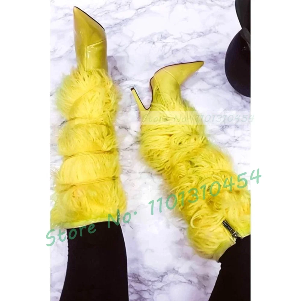 Yellow Curly Fur Knee-high Boots Women Fashion Warm Furry Winter Pointy High Heels Shoes Sexy Cross-tied Glossy Patent Boots