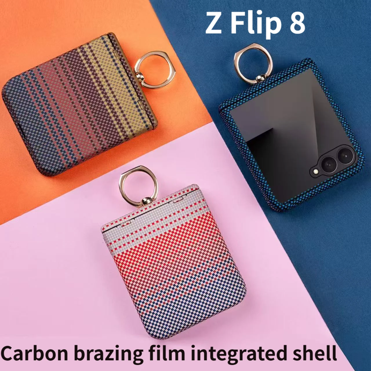 Carbon Fiber Texture Magsafe Ring Hinge Case For Samsung Galaxy Z Flip 8 Screen Protect Film Wireless Charging PC Cover