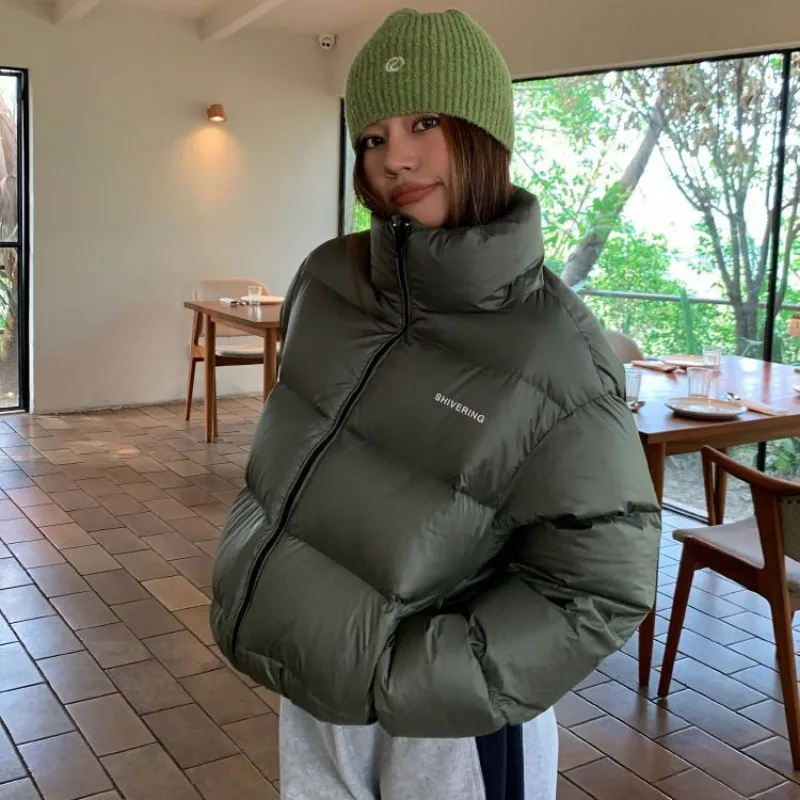 Winter Green Short Bread Parkas Women's American Stand Collar Sports Casual Cotton Padded Coats Soft Warm Trendy Streetwear