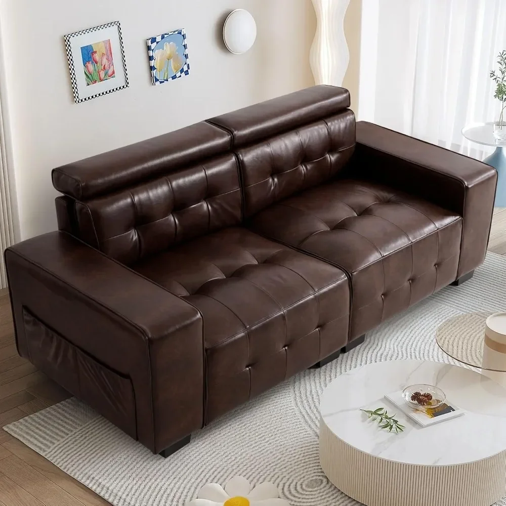 

83" PU Leather Couch Comfortable Thick Cushion Home Sofa Living Room, Leather Loveseat Sofa with Deep Seat & Adjustable Headrest