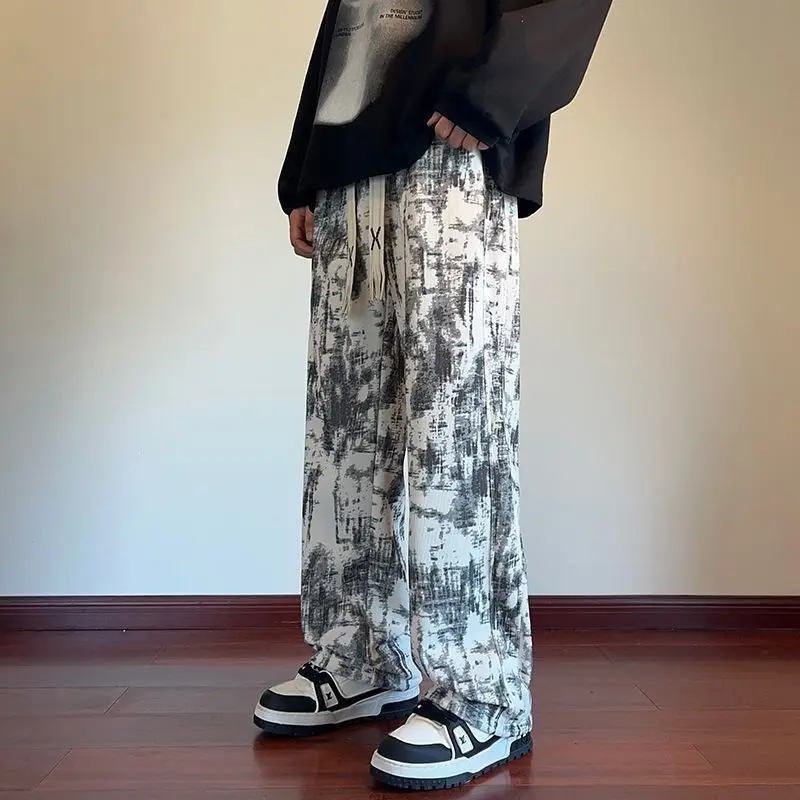 Men's New Chinese Style Ink Wash Tie Dye Pants Summer Slim Straight Long Trousers Lightweight Quick Dry Streetwear Casual