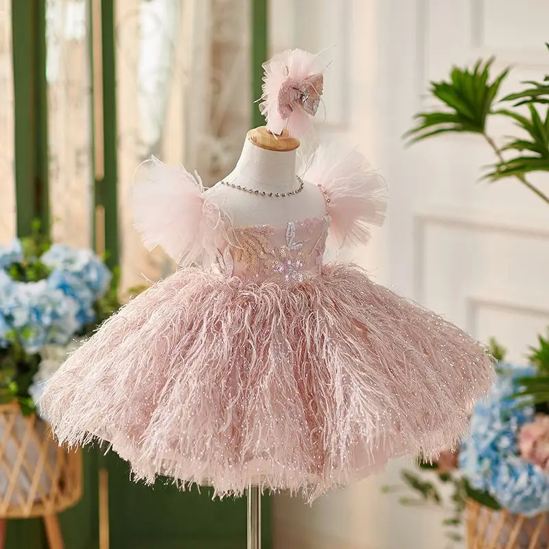 New Gorgeous Girls\' Special Occasion Dress Flower Girl Wedding Dress Pink Flying Sleeves Imitation Feather Pie Evening Dress