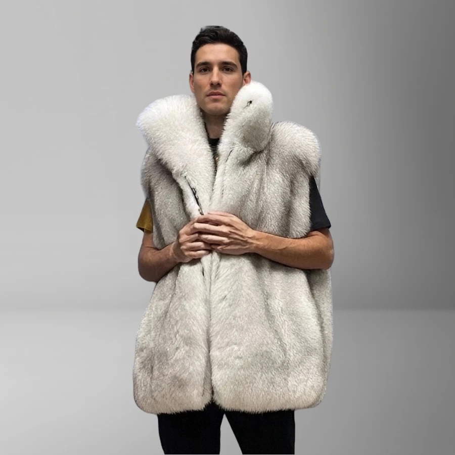 Real Fox Fur Vest With Turndown Collar For Men Sleeveless Fox Fur Coat Natural Fur Waistcoats Luxury New Genuine Fur Outwear