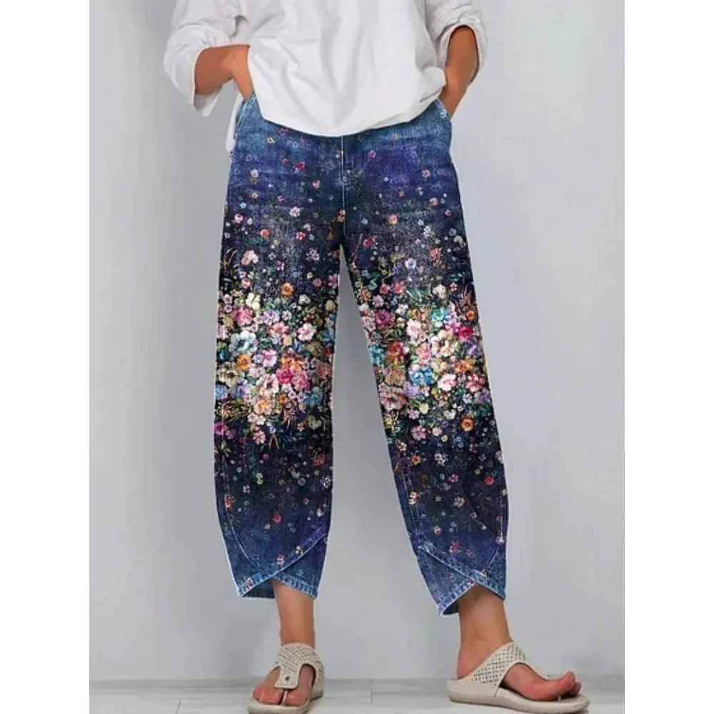 Vintage Blumenmuster Cropped Harem Caprihose Damen Baumwolle Locker Sitzende Tulpen-Wickelhose Knöchellange Freizeithose Sommer Streetwear – Detail 9